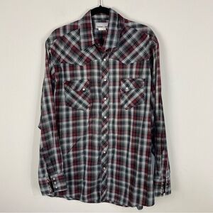 Wrangler Red & Grey Plaid Pearl Snap Shirt Top